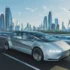 Futuristické samořízené auto jedoucí ve městě budoucnosti