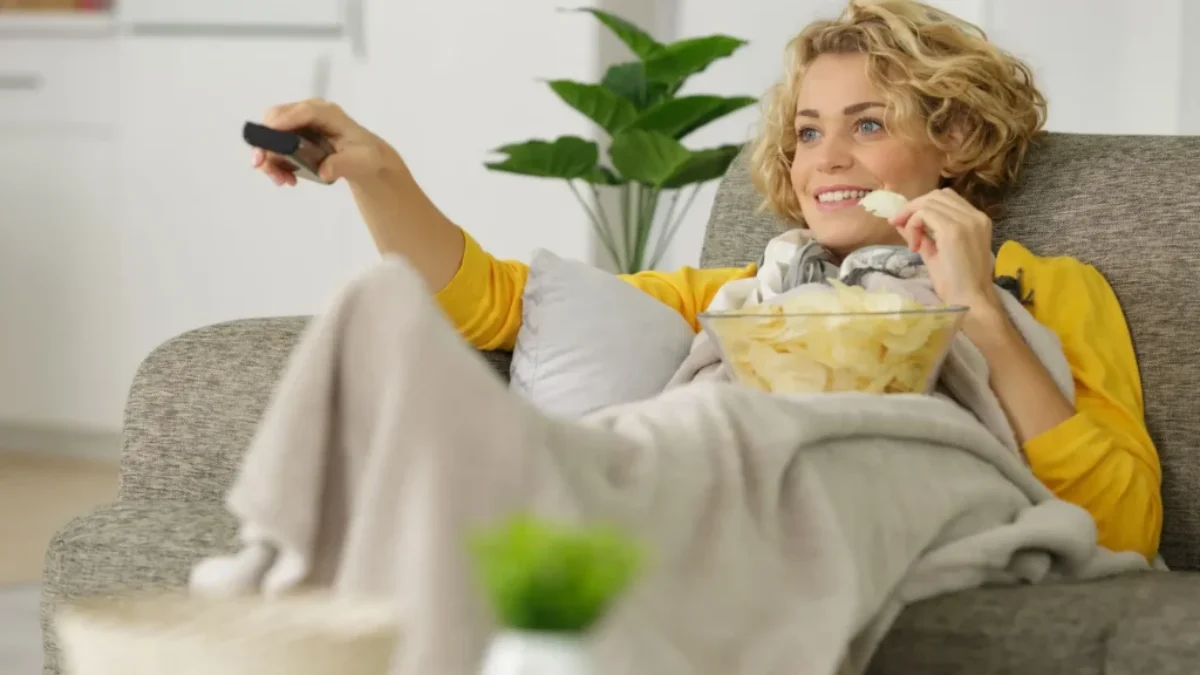 Žena sleduje televizi a jí chipsy