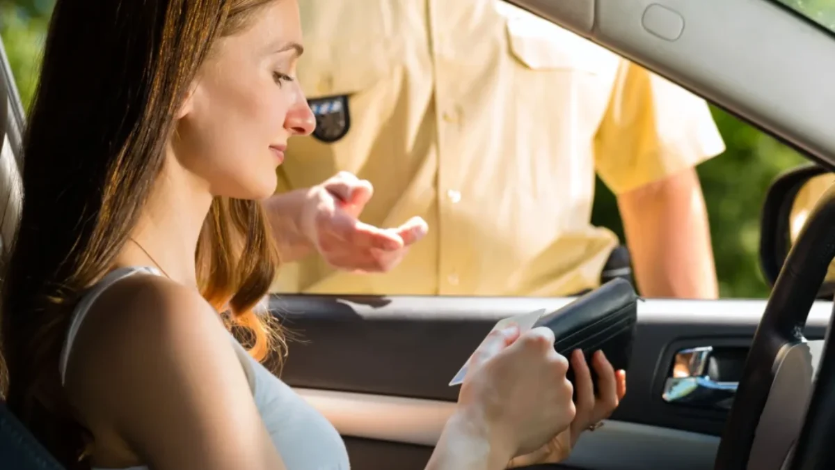 Řidička předkládá řidičák policistovi