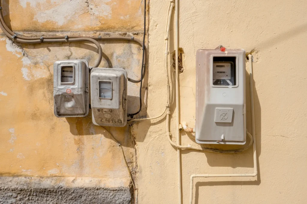 Stará elektromontáž na omítce domu