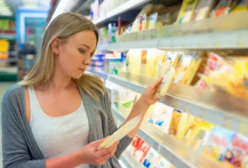 žena si důkladně čte složení sýra, který si chce koupit