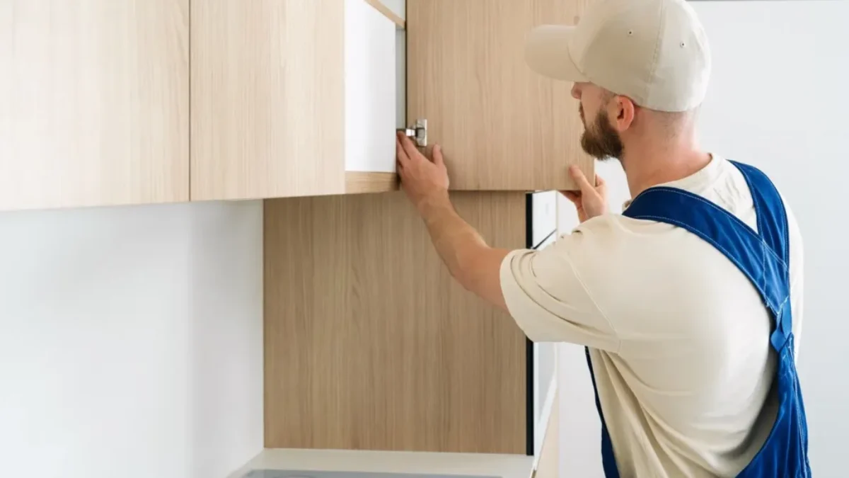 řemeslník spravuje dvířka od kuchyňské skříňky