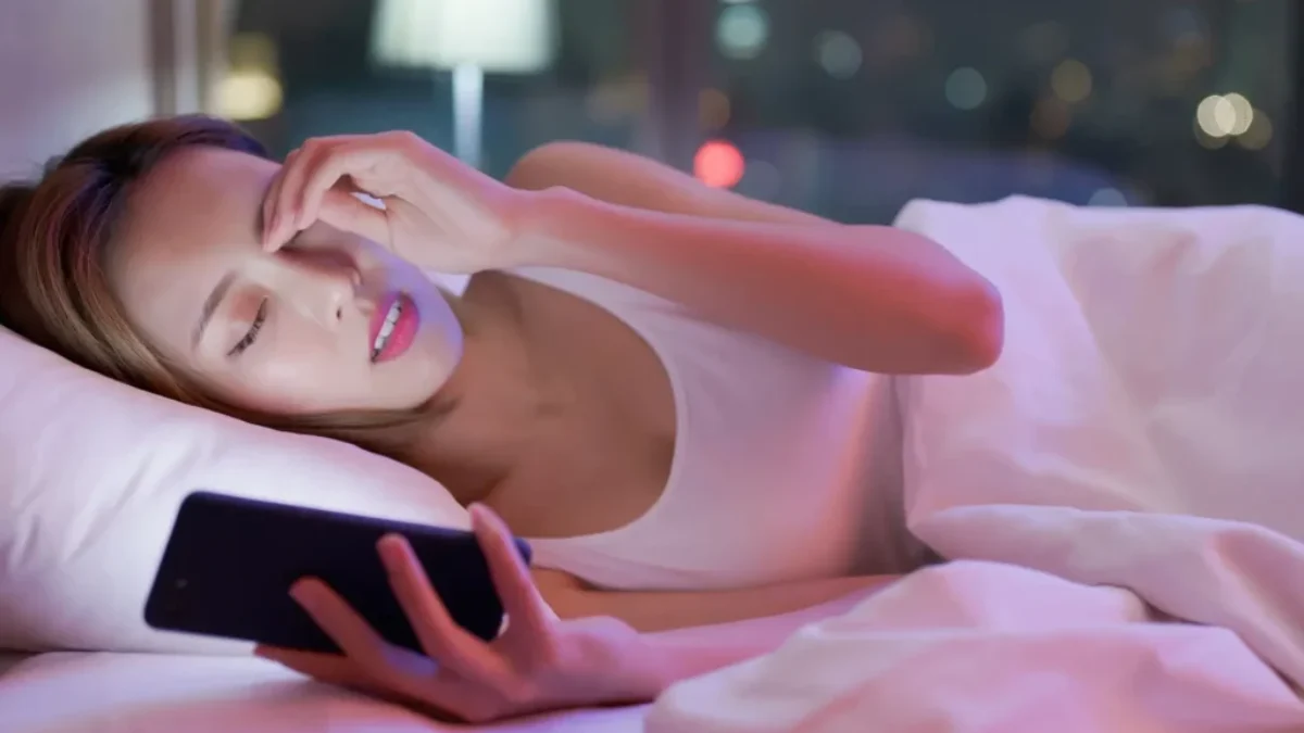 Unavená žena s mobilem v posteli