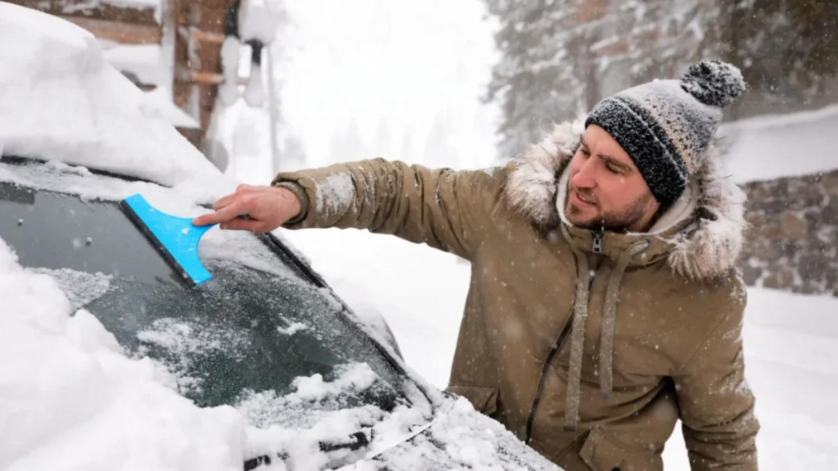 muž škrábe zamrzlé okno u auta