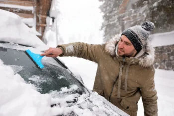 muž škrábe zamrzlé okno u auta