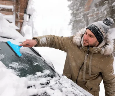 muž škrábe zamrzlé okno u auta
