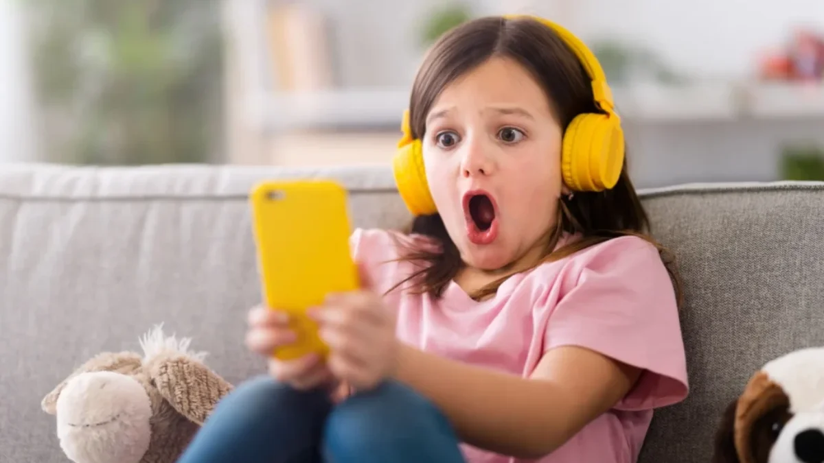 malá dívka se sluchátky a mobilem, šokovaná tím, co vidí na displeji