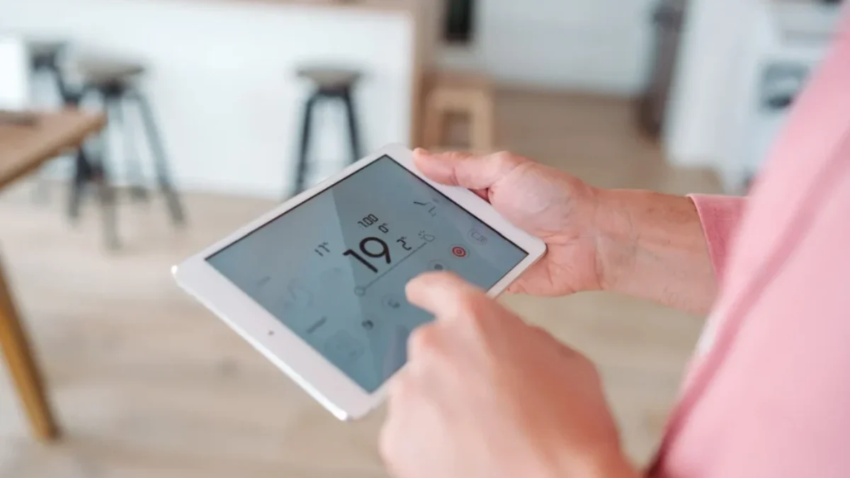 Muž s bezdrátovým termostatem