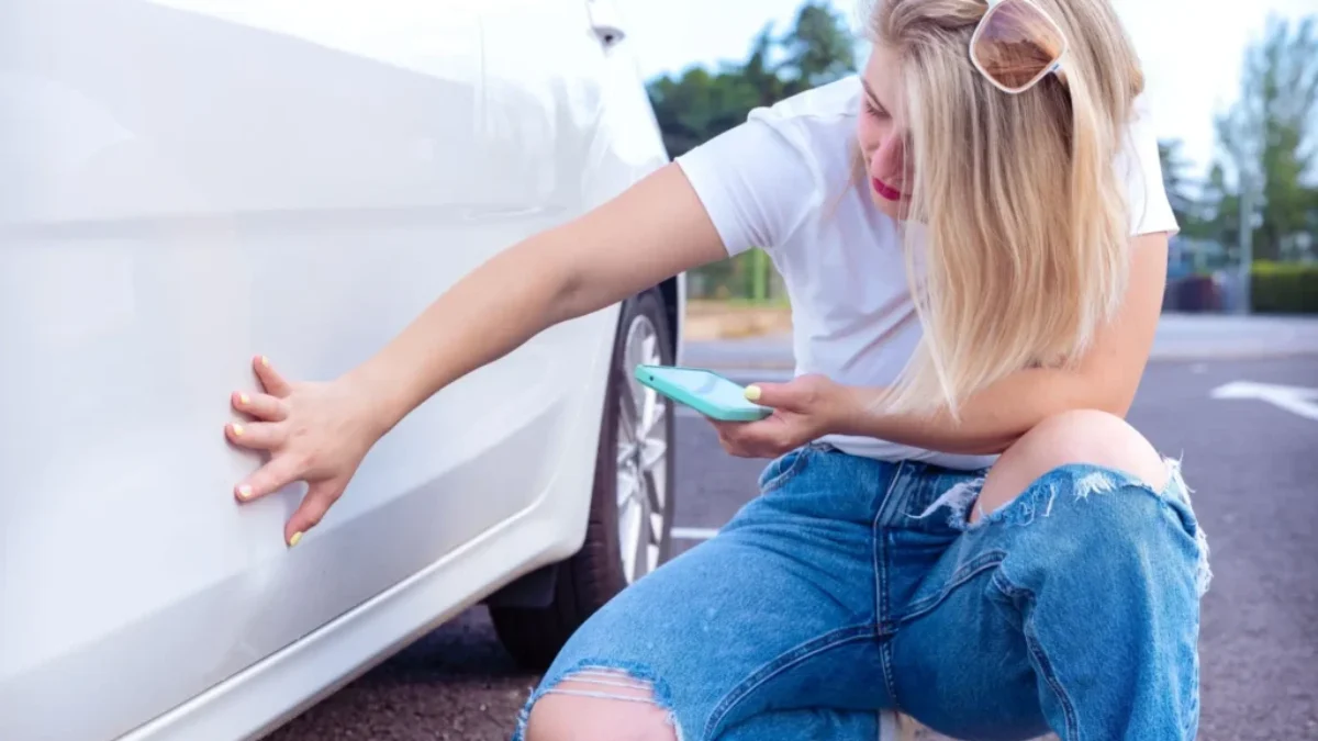 žena kontroluje stav laku na vozidle