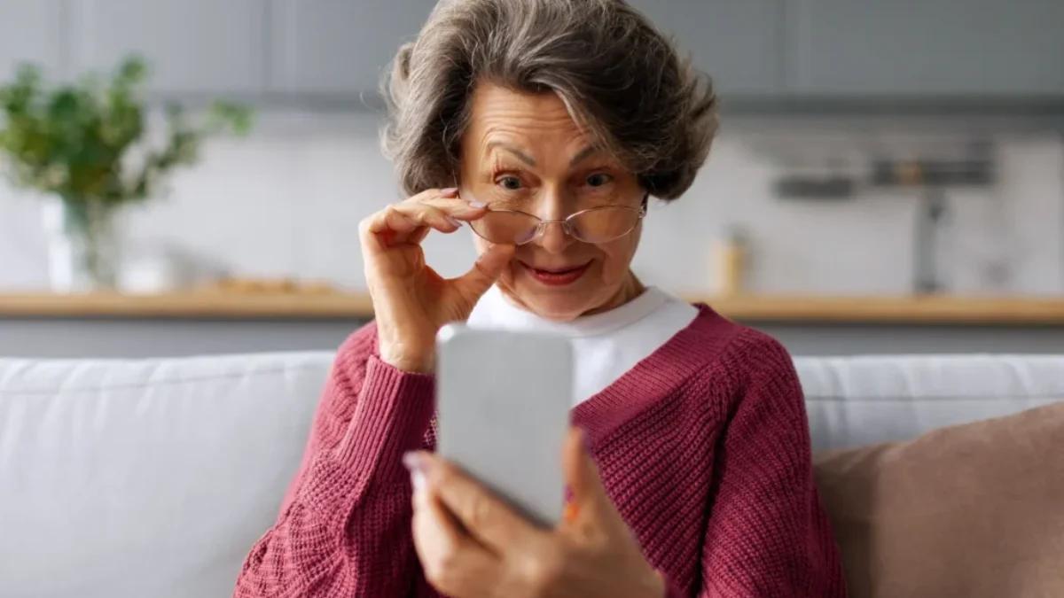 Seniorka kouká do mobilu