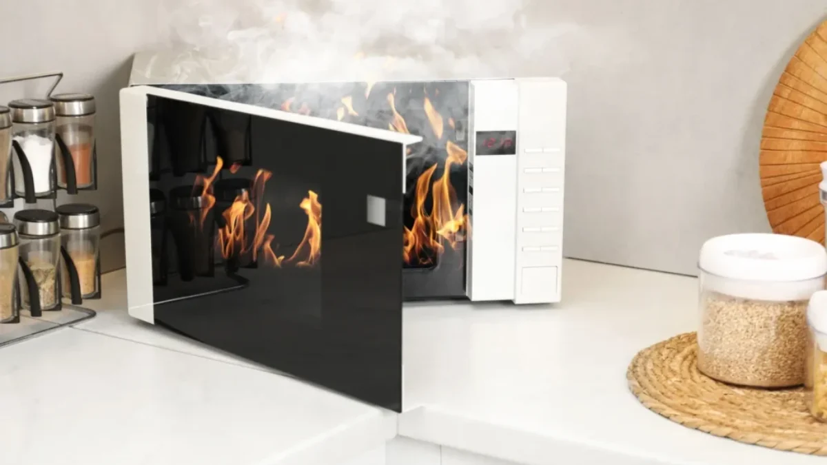 hořící mikrovlnka v kuchyni