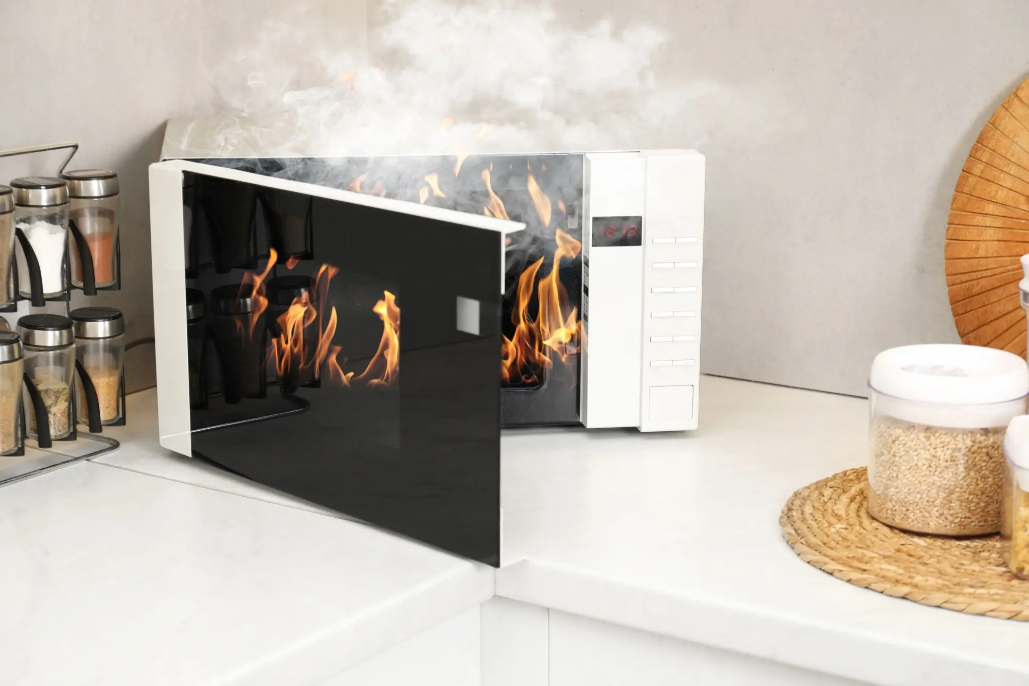 hořící mikrovlnka v kuchyni