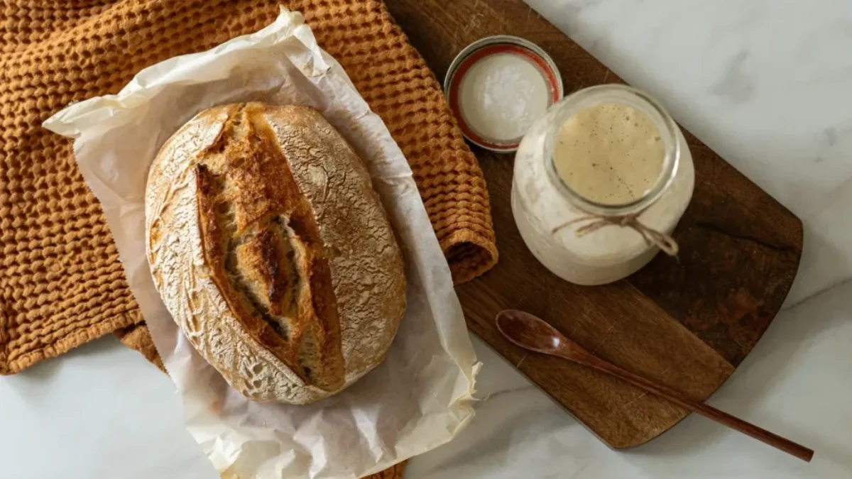 kváskový chléb na stole s kváskem.