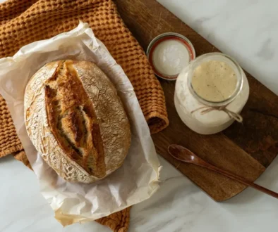 kváskový chléb na stole s kváskem.