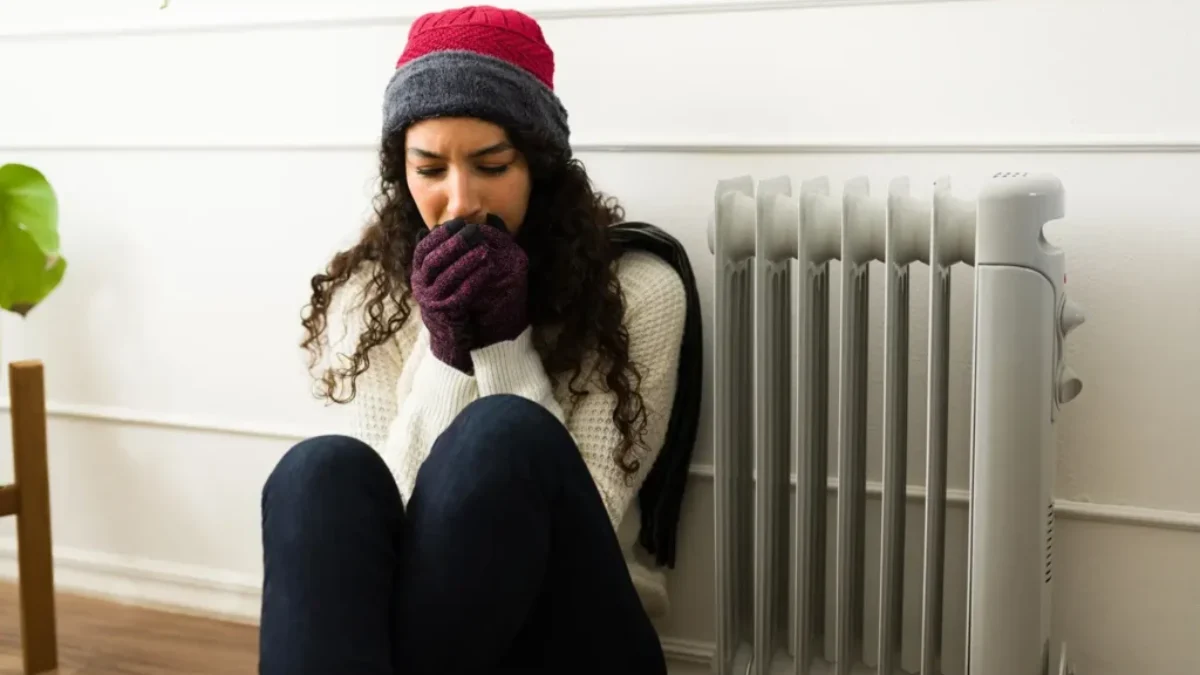 vypnuté topení, mladá žena ve svetru se třese zimou