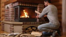 muž topí dřevem