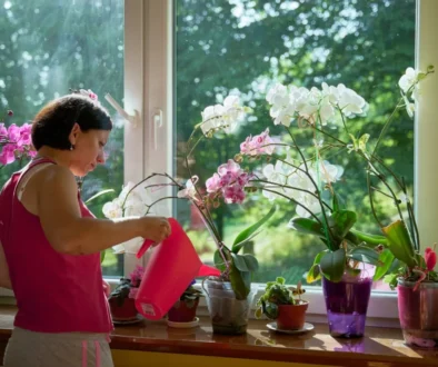 Žena zalévající rostliny