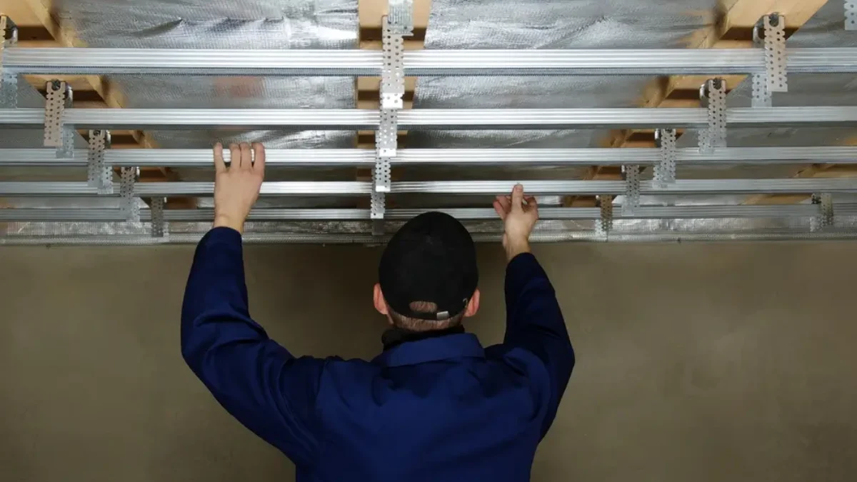 Muž instaluje CD profily na strop kvůli instalaci stropního vytápění.