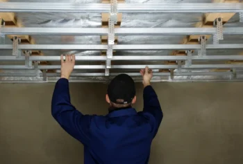 Muž instaluje CD profily na strop kvůli instalaci stropního vytápění.