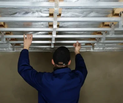 Muž instaluje CD profily na strop kvůli instalaci stropního vytápění.