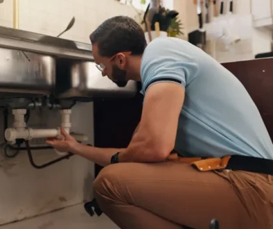 Instalatér opravuje trubky v kuchyni