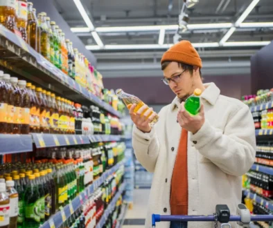 muž zkoumá nápoje v obchodě