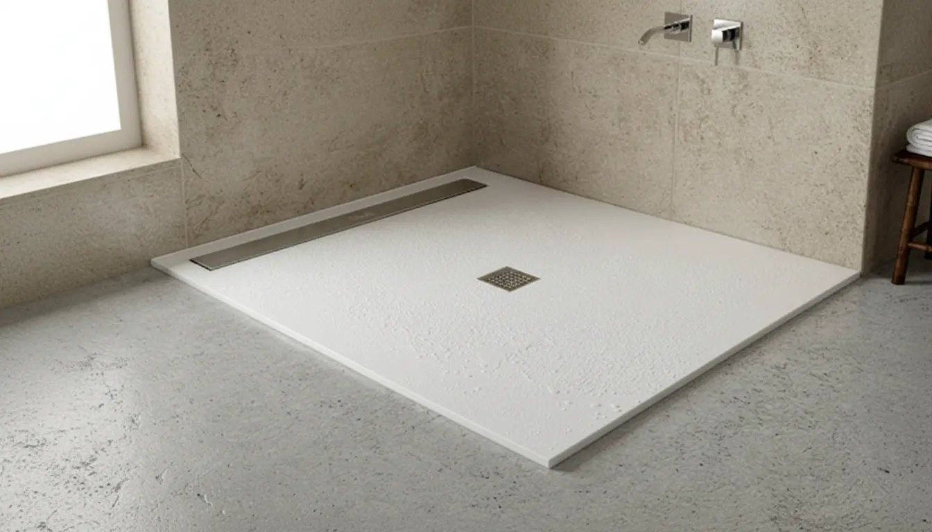 White rectangular shower base with a square drain in a minimalist bathroom, beige tiled walls, and wall-mounted faucets to the right.