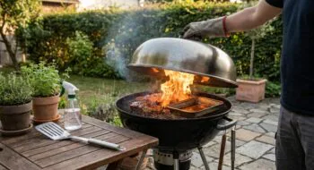Person lifting a blazing kettle grill lid to charred meat on the grate outdoors, with a wooden table and potted herbs nearby.