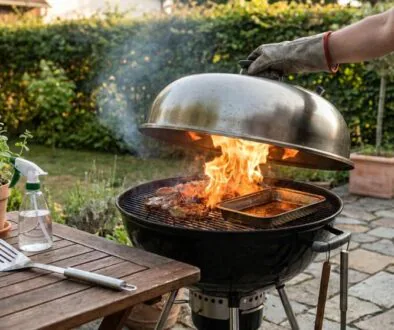 Person lifting a blazing kettle grill lid to charred meat on the grate outdoors, with a wooden table and potted herbs nearby.