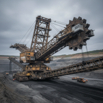 Massive bucket-wheel excavator in an open-pit mine with conveyors and a dusty, gray sky.