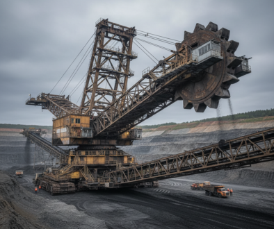 Massive bucket-wheel excavator in an open-pit mine with conveyors and a dusty, gray sky.
