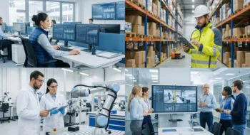 Collage of four scenes: an analyst at a multi-monitor desk, a warehouse worker in a high‑visibility jacket using a tablet, scientists with a robotic arm in a lab, and a team presenting analytics on a large touch-screen display.