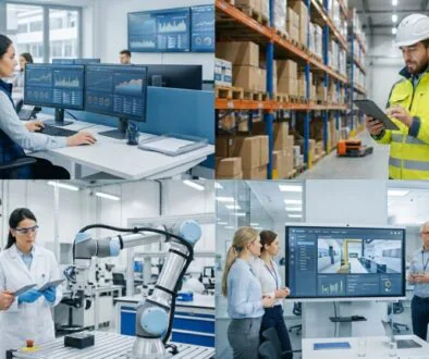 Collage of four scenes: an analyst at a multi-monitor desk, a warehouse worker in a high‑visibility jacket using a tablet, scientists with a robotic arm in a lab, and a team presenting analytics on a large touch-screen display.