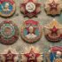 A collection of Soviet-era medal pins featuring red stars, gold wreaths, and hammer-and-sickle symbols on textured fabric.