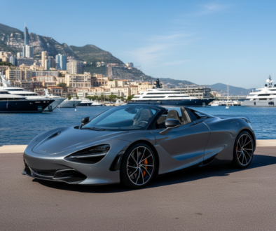 Grey convertible sports car parked at a seaside marina with luxury yachts and a city on the hills in the background, under clear blue skies.