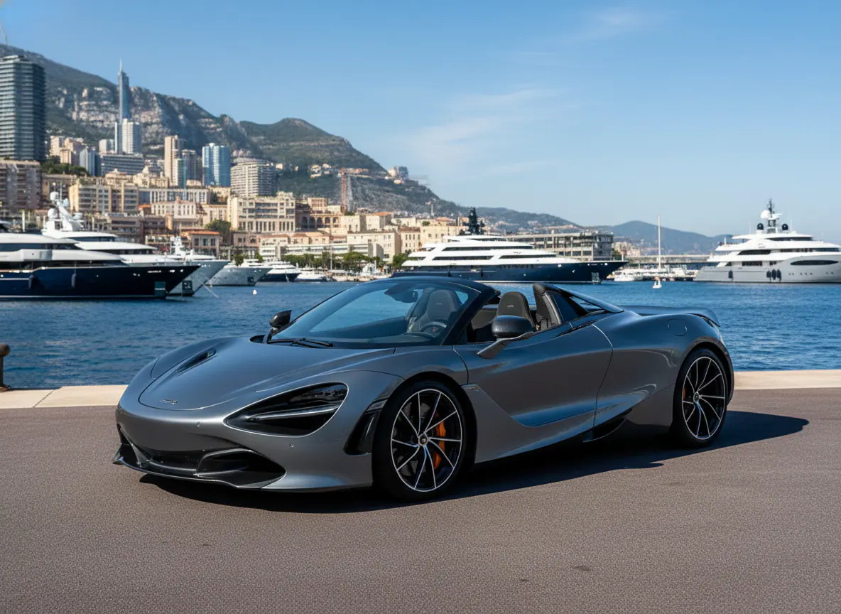 Grey convertible sports car parked at a seaside marina with luxury yachts and a city on the hills in the background, under clear blue skies.