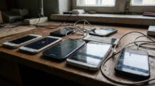 Several smartphones and charging cables spread across a dusty wooden workbench near a window in a dim room.
