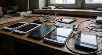 Several smartphones and charging cables spread across a dusty wooden workbench near a window in a dim room.