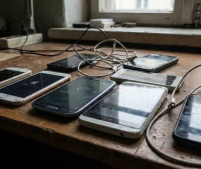 Several smartphones and charging cables spread across a dusty wooden workbench near a window in a dim room.