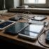 Several smartphones and charging cables spread across a dusty wooden workbench near a window in a dim room.