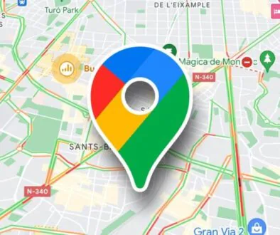 Google Maps pin centered on a city map with colored traffic lines (green, yellow, red) indicating road conditions.