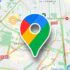 Google Maps pin centered on a city map with colored traffic lines (green, yellow, red) indicating road conditions.