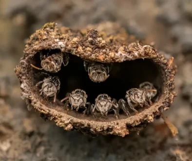 Mud dauber wasp nest with several wasps peering from inside the hollow tube outside a wall area.