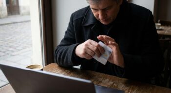 Man in a dark coat at a café table, holding a credit card next to a laptop and a coffee cup on the table.