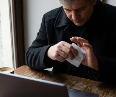 Man in a dark coat at a café table, holding a credit card next to a laptop and a coffee cup on the table.