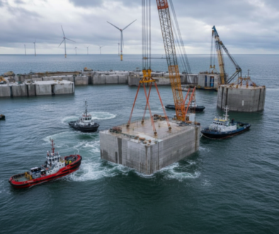 Offshore construction scene with large concrete blocks, cranes, and tugboats in calm sea; wind turbines offshore in the distance