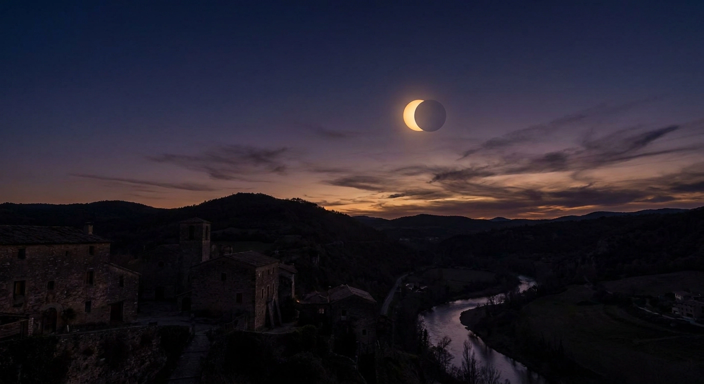 Twilight over a stone village and winding river valley as a solar eclipse forms a bright crescent in the sky behind distant hills.