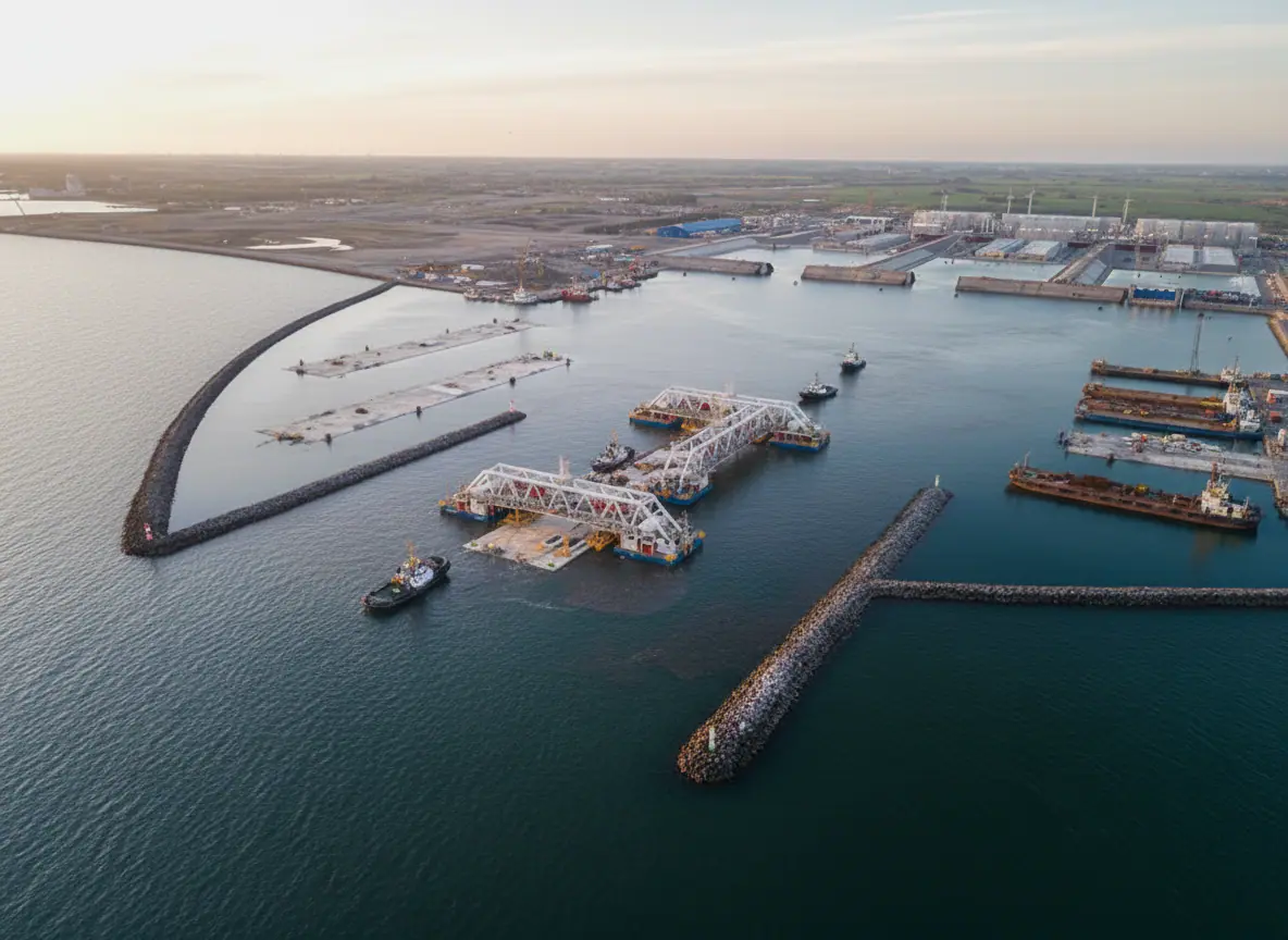 Aerial view of a large port with breakwaters, docks, and cranes under construction along calm harbor waters at sunset.