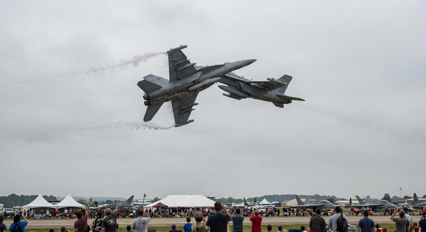 Two gray fighter jets perform a close, mid-air maneuver above a crowded airshow with white tents and spectators below.