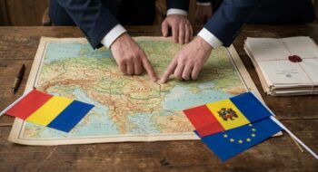 Two people in business suits point at a detailed Europe map on a wooden table, with Romanian and Moldovan flags nearby.